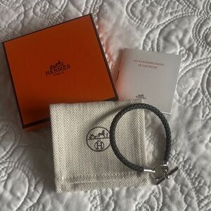 Hermes Braided Black Leather Toggle Bracelet with Silver Hardware NWOT